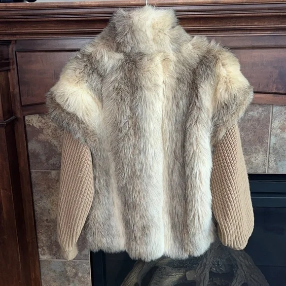 Vintage glamorous chic classic vintage ivory taupe faux fur sweater jacket 13/14 - Picture 15 of 16